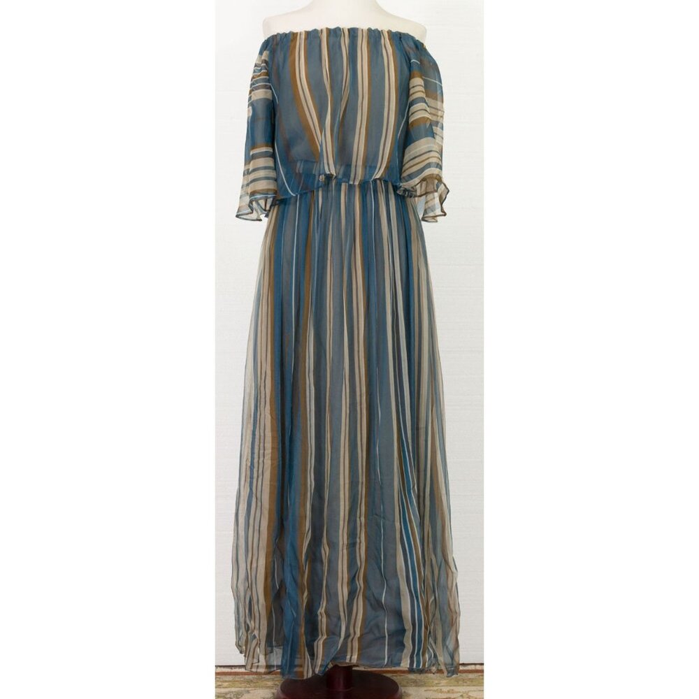 $5740 BRUNELLO CUCINELLI SILK-CHIFFON STRIPED OFF SHOULDER MAXI DRESS
